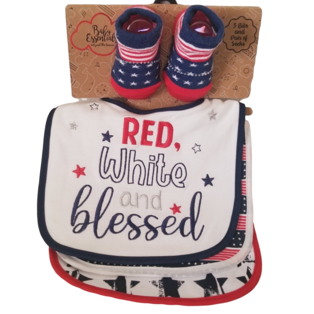 Baby Unisex Boy Girl Americana Red White and Blessed Bib & Sock Gift Set